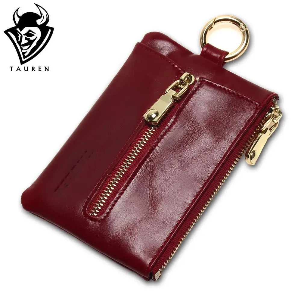 TAUREN Women Genuine Leather Oil Wax Zip Wallet Coin Key Holder Case Bag Fashion Key Chain ...