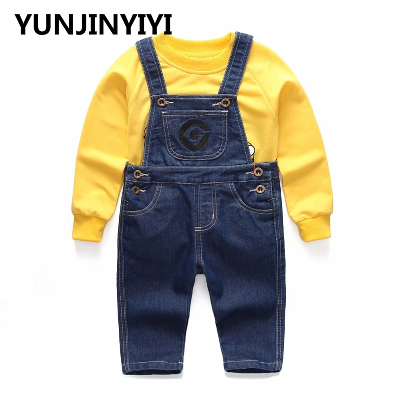 YUNJINYIYI 2018Children's وزرة الدنيم الجينز السراويل + بلوزة كم كامل Twinset ملابس الأولاد بدلة على الموضة التوابع الاطفال الملابس YUNJINYIYI 2018Children's وزرة الدنيم الجينز السراويل + بلوزة كم كامل Twinset ملابس الأولاد بدلة على الموضة التوابع الاطفال الملابس