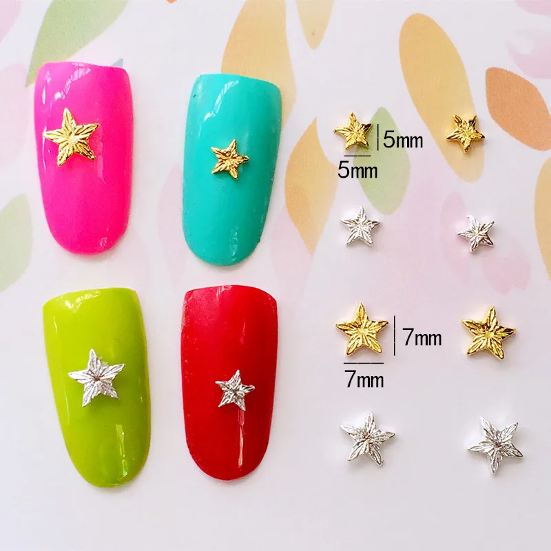 

50pcs/pack Japan Korea Alloy Nail Art 3D 5mm 7mm Gold Silver Engraved Star Metal Accessories for Phototherapy Nail Sticker DIY