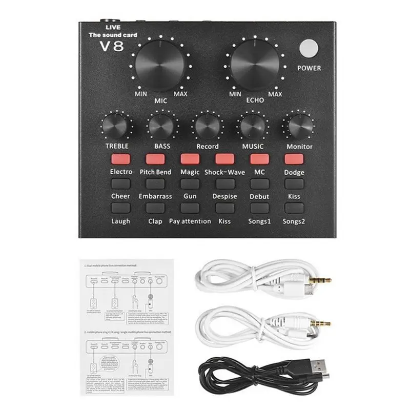 External Audio Mixing Sound Card USB Interface with Multiple Sound Effects Built-in Rechargeable Battery for Singing Recording