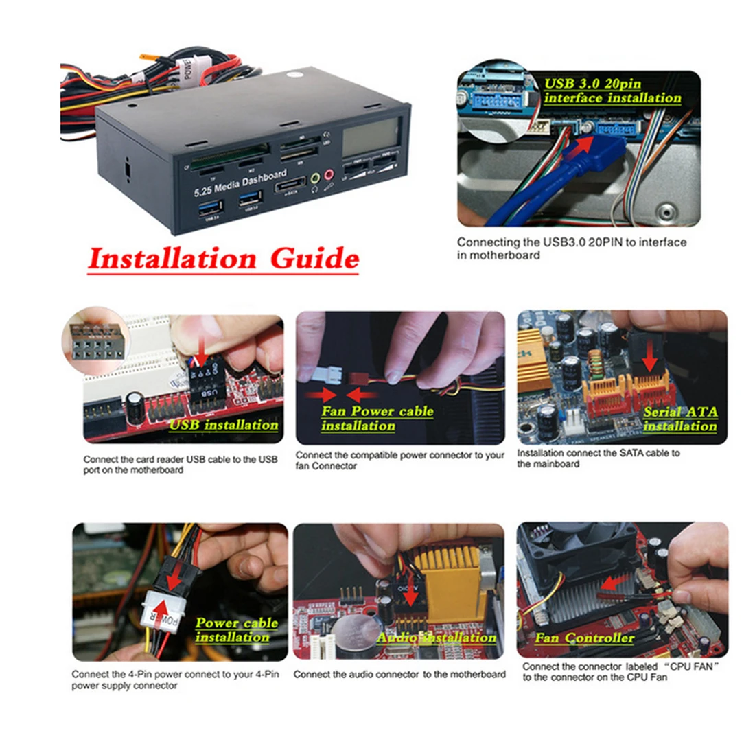 

5.25" Optical Drive Front Panel USB 3.0 e-SATA All-in-1 PC Media Dashboard Multi-function audio/temperature display Card Reader