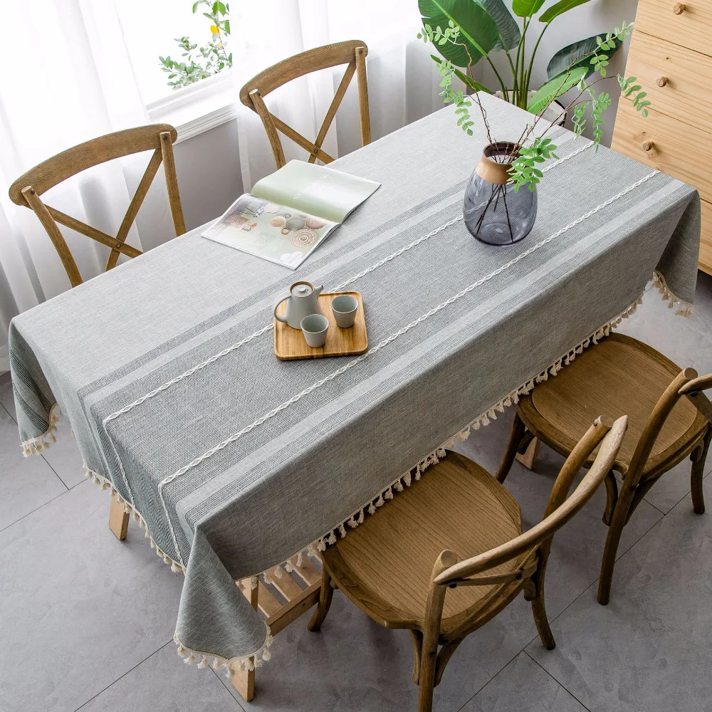 

Korean style Cotton Linen Tablecloth High-Grade Embroidery Grey Fringed Lace Table cloth Striped Rectangular Dining Table Cover