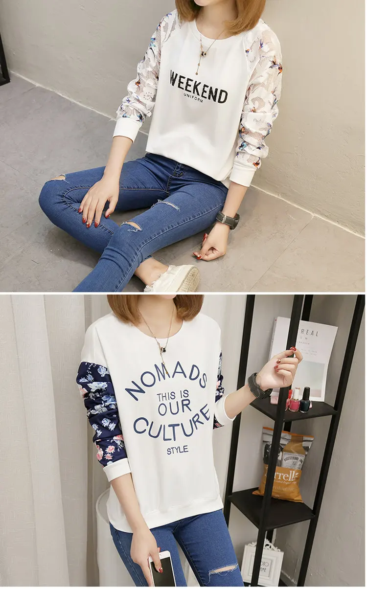 Fashion Autumn T-shirt Women Tshirt Lace Long Sleeve Tops Letter Print T-shirt Casual White Tshirts Camiseta Mujer Moda 2019 (4)