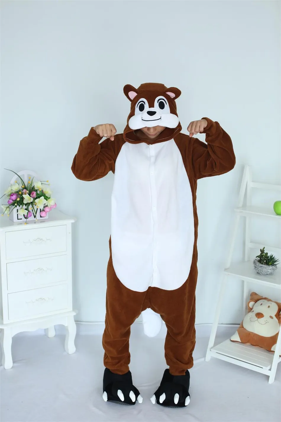 Мультфильм унисекс животное взрослый Chipmunk ночнушка Пижама боди Ночное белье