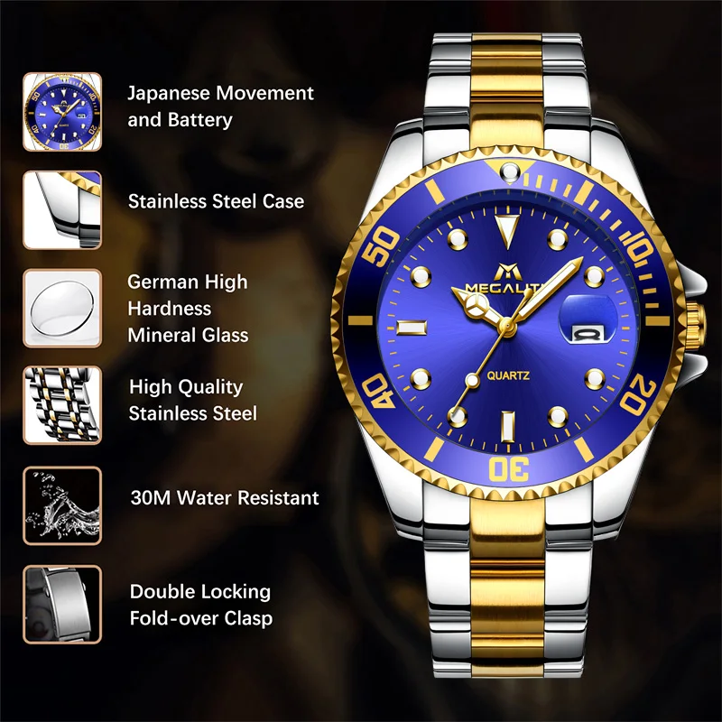 MEGALITH 2019new роскошные золотые наручные часы для мужчин Relogio Masculino Hombre великолепные кварцевые часы из нержавеющей серебра водонепроницаемые часы