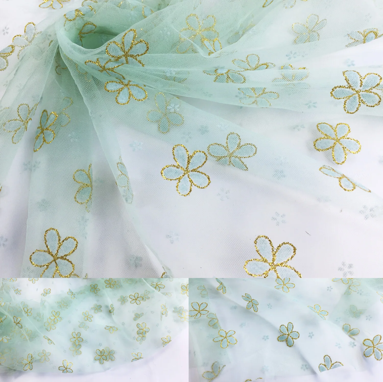 

White Tulle Laces Fabric Flowers Soft Organza Gold Guipure lace trimmings for Wedding Dress Fabric Sewing Craft Accessories P017