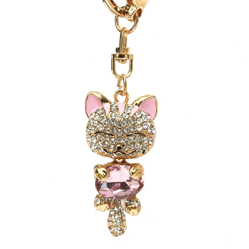 Rhinestone Crystal Keyring Charm Pendant Purse Bag Key Ring Chain Keychain Pink Cat-in Key ...