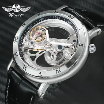 

T-WINNER Golden Bridge Men Mechanical Wrist Watch Leather Strap Roman Number Silver Plating Case Top Luxury Brand Design + BOX