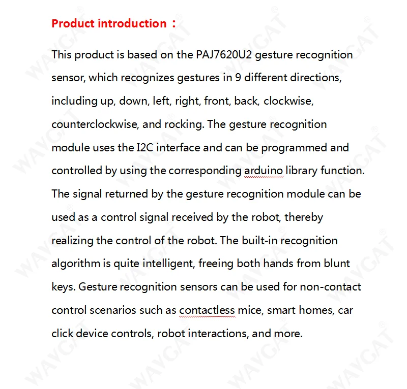 WAVGAT PAJ7620U2 различные распознавания жестов сенсор модуль Встроенный 9 жестов IIC интерфейс Интеллектуальное распознавание для Arduino