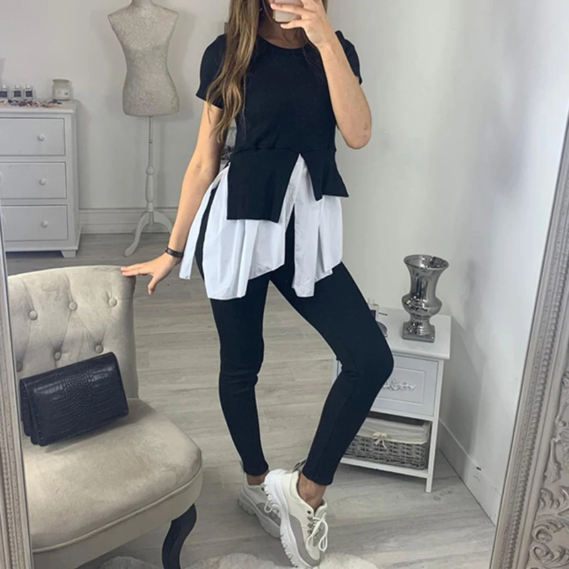 Summer Hot Sale Womens Crew Neck Full Pants Casual 2 Pieces Set Outfit Short Sleeve Ruffle T Shirt Multicolor Long Skinny Pants