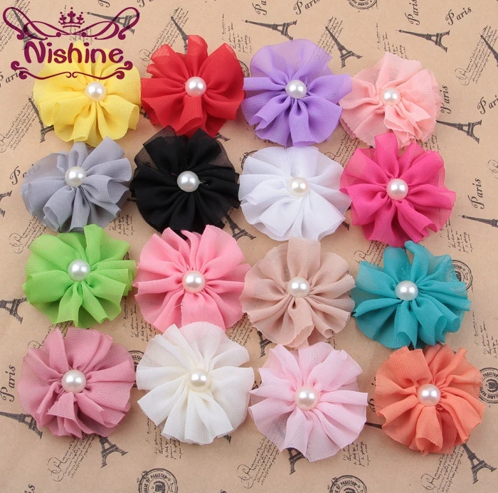 

Nishine 30pcs/lot 2.4" Chiffon Flower With Half Pearl Center For Children Women Headband Hair Clip DIY Hair Accessories