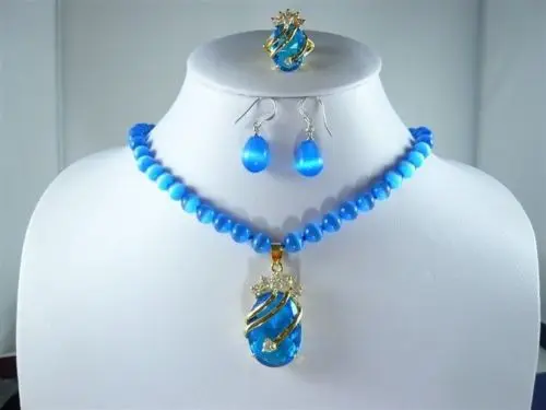 

Charming Blue Jade/Opal Necklace +Blue Pendant Earring Ring Set ^^^18K GP style Fine jewe Noble Natural jade FREE SHIPPING