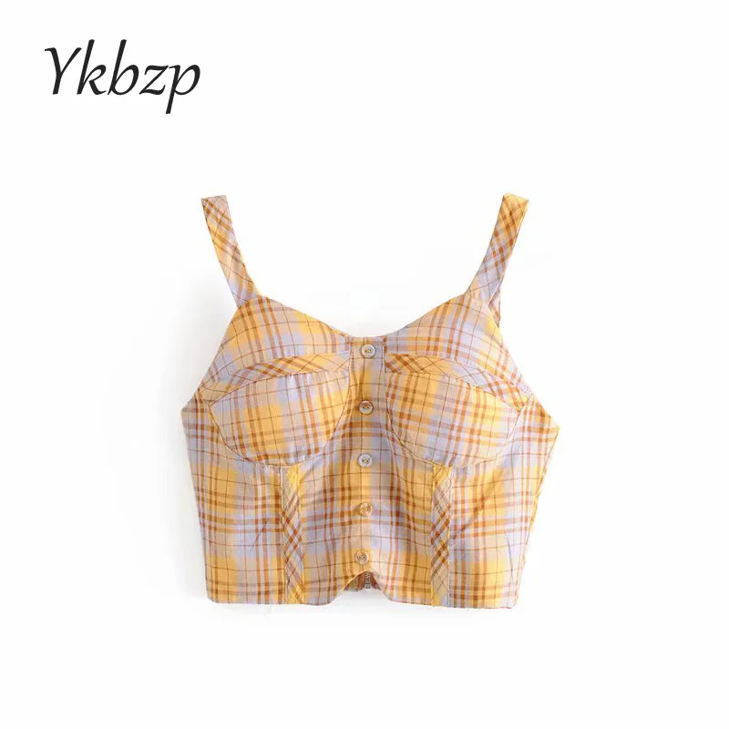 

2019 Women Sexy Checkerboard Plaid Button Bustier Tanks Elasticity Slim Camisole Female Pleated Vest Cropped Mujer Tube Tops