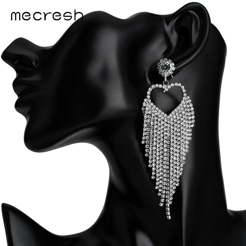 Mecresh горный хрусталь большой длинный кисточкой серьги для женщин Серебряный цвет элегантное подвесное сердечко серьги Модные ювелирные изделия MEH1602