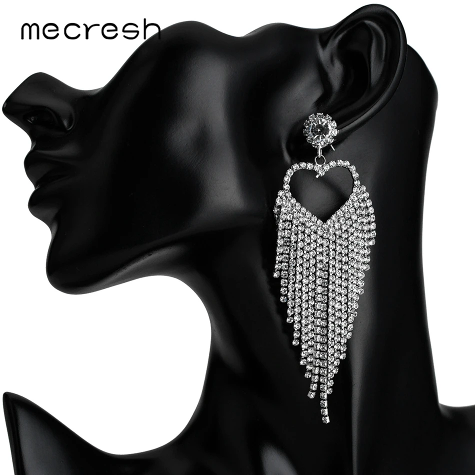 

Mecresh Rhinestone Crystal Big Long Tassel Earrings for Women Silver Color Elegant Heart Drop Earrings Fashion Jewelry MEH1602