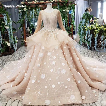 

HTL502 Flower Beading Sequined Decoration Luxury Champagne Wedding Dresses 2020 O-Neck Long Sleeves свадебные платья