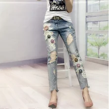 Европа осень женские модные обтягивающие Винтажное с отделкой бусинами аппликации рваные сексуальные хлопковые джинсы брюки женские, тонкие прямые брюки