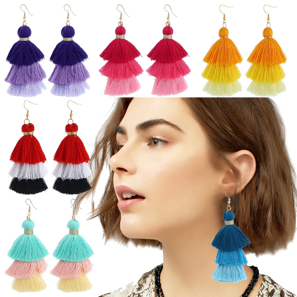 

HIYONG 9 Colors Tiered Long Tassel Earrings for Women Girls 3 Layered Gradient Fringe Earring Jewerly for Party Female Best Gift