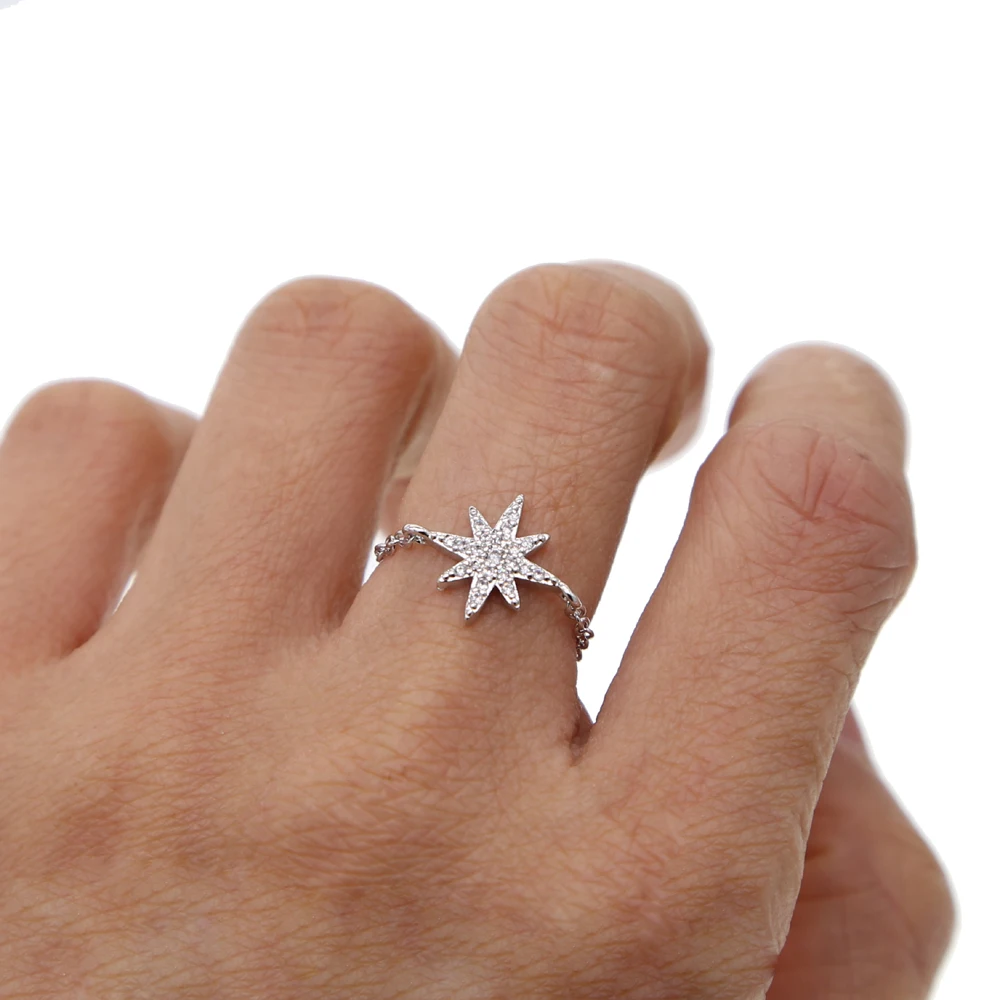 micro pave cz sparking bling star north star charm adjust chain band fashion trendy women rings finger ring adjustable rings