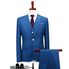 Blue Men’s Suits Jackets + Pants + Vest Fashion Business Wedding Banquet Men Coats Blazer Hot Sales Noble Pop Gentleman Clothing