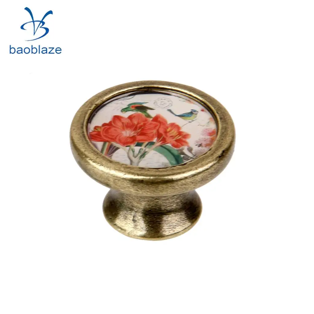 2pcs Vintage Brass Door Knob Cabinet Cupboard Drawer Dresser Pulls Handle Knob with Screws - Flower Bird