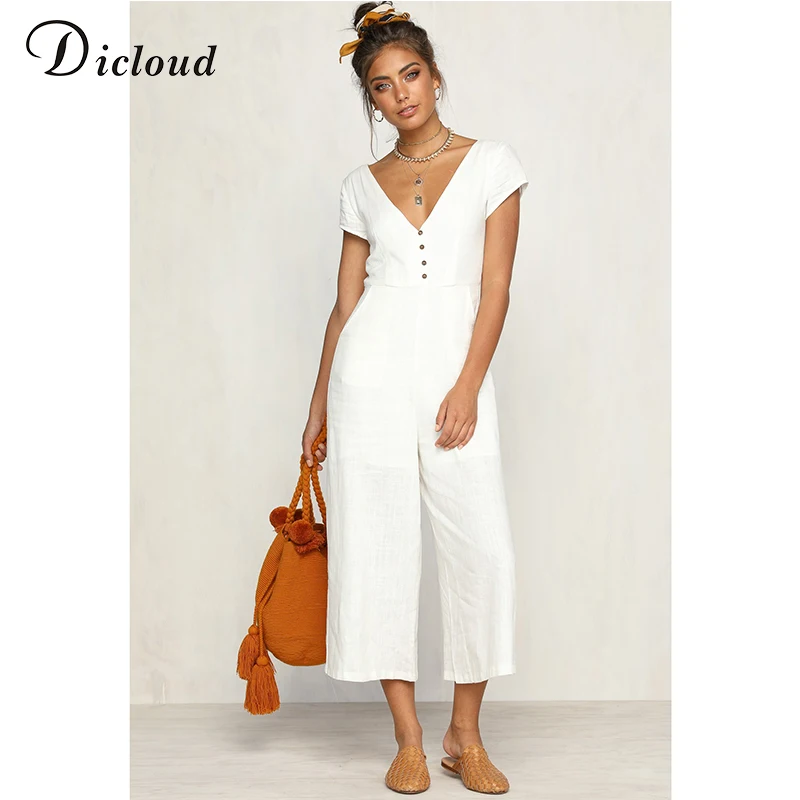 

Dicloud white rompers 2019 summer women jumsuits v neck sexy ankle length pants solid wide leg overalls casual loose streetwear