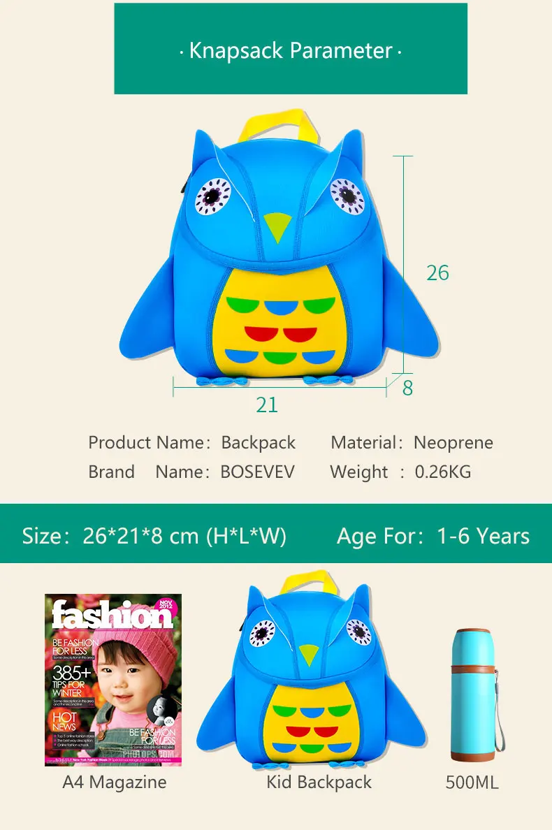 BOSEVEV 3D Детские рюкзаки с животными для девочек и мальчиков, детский рюкзак для малышей, Детские неопреновые школьные сумки, милый детский сад, мультяшная сумка