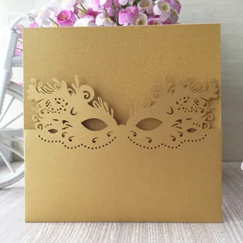 

100pcs/lot Personalized Mask Design Carnival Invitation Card Laser Cut Pearl Paper Birthday Card Thank You Rewards Gift