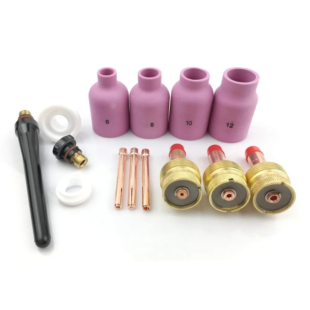 

14Pcs TIG Welding Consumables Kit Large Diameter Gas Lens Collets Alumina Nozzles Back Cap Insulators Fit TIG Torch PTA DB SR WP