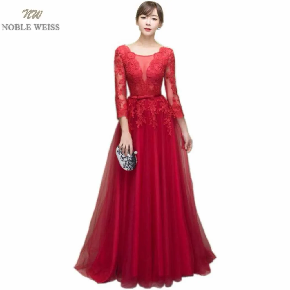 

NOBLE WEISS Dark Red Appliques Tulle Long Evening Dresses 2019 Formal Wedding Party Dress robe de soiree Bride Reception gown