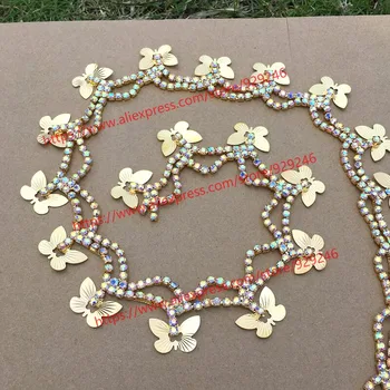 

gold butterfly dangle chain for garments AB crystal yard trims for dancing costumes shoes hat crystal DIY crafts supplies