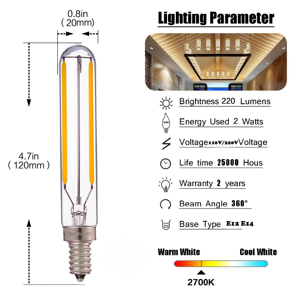 Granriland T20 T6 трубчатая лампа ретро светодиодный лампы с длинной нитью 2 Вт 2700 к, E12 E14 110 в 220В переменного тока люстра подвесное освещение с регулируемой яркостью