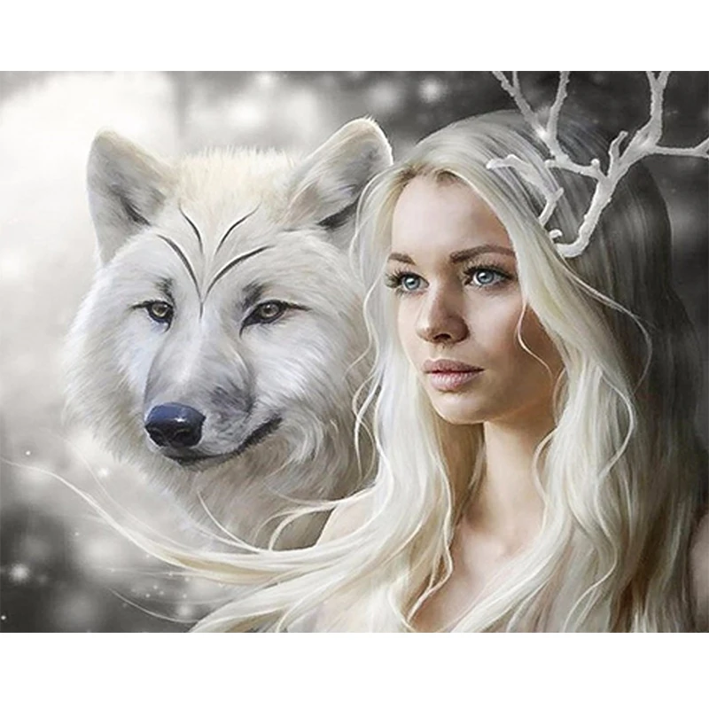 Wall decor FULL DIAMOND 5D white wolf & beauty image DIY diamond