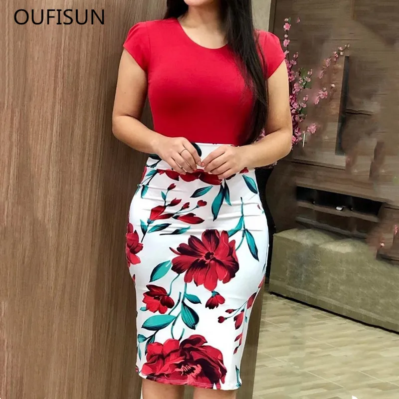 

Oufisun Summer 2019 Women Dress Casual O Neck Floral Print Elegant Pencil Dresses Bodycon Party Femme Dress Vestidos Plus Size