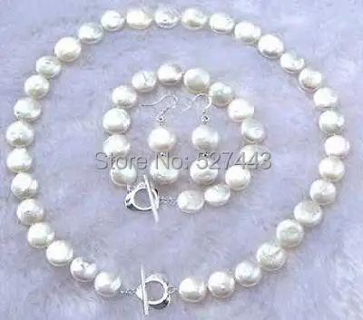 

Wholesale hot sale>>11-12MM White Coin Pearl Necklace Bracelet Earring Set