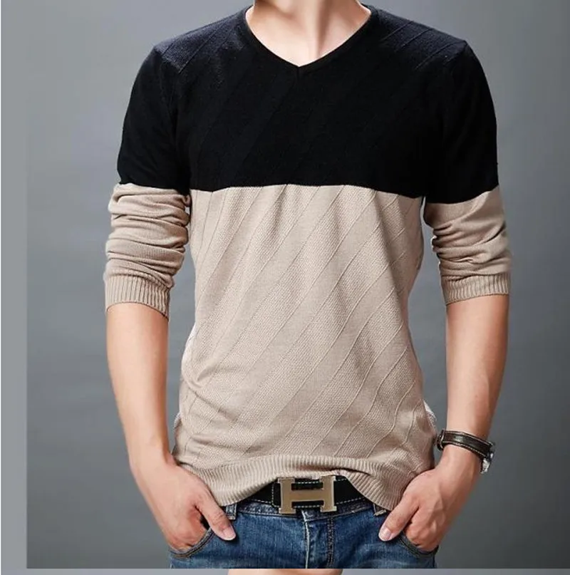 Мужской вязаный свитер модный с длинными рукавами v-образный вырез мужская полоса без подкладки верхняя одежда Большие размеры