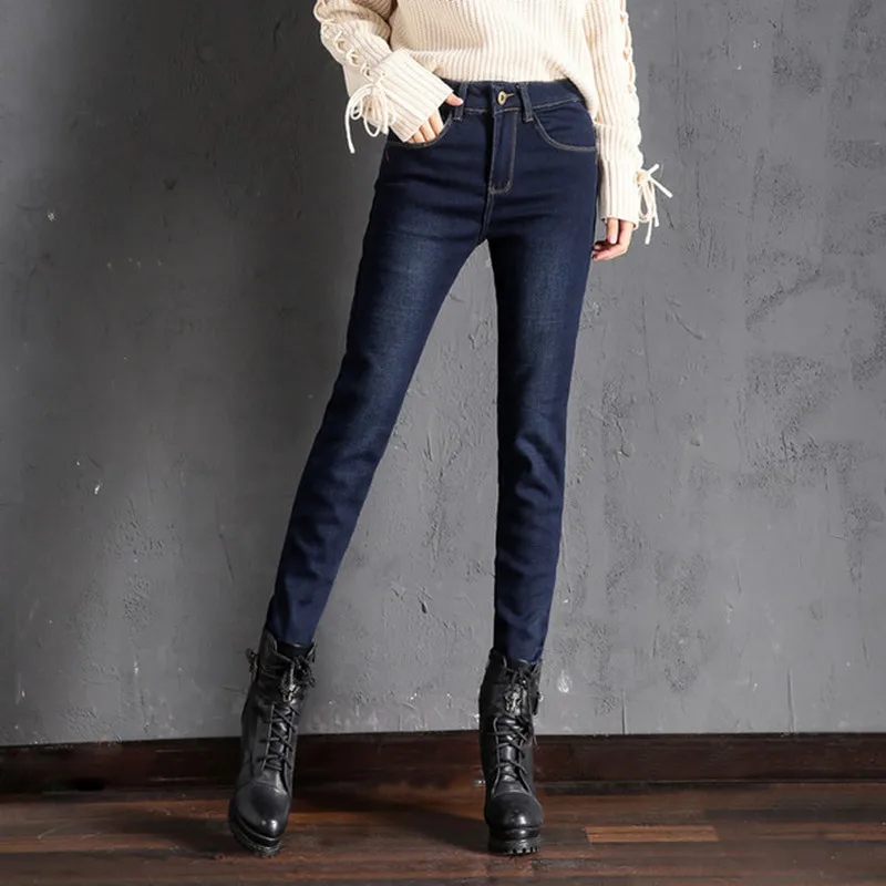 Winter Warm Extra Long Fleece Jeans For Ladies Mid Waist Pants Over Length Leggings Plus Size Blue Jean For Women J919