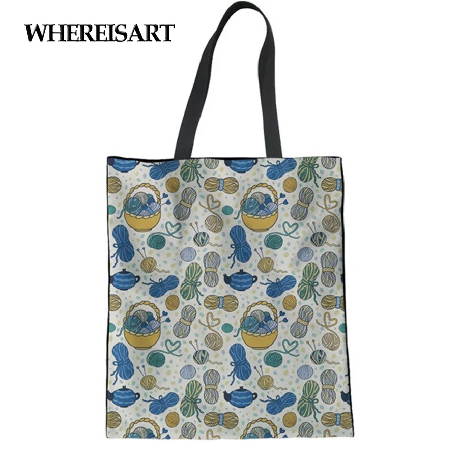 

WHEREISART Women Borsa Shopping bag Funny Knitting Lovers Yarn Printed Canvas Shoulder Bag Teenager Girls Daily Large Tote Bag
