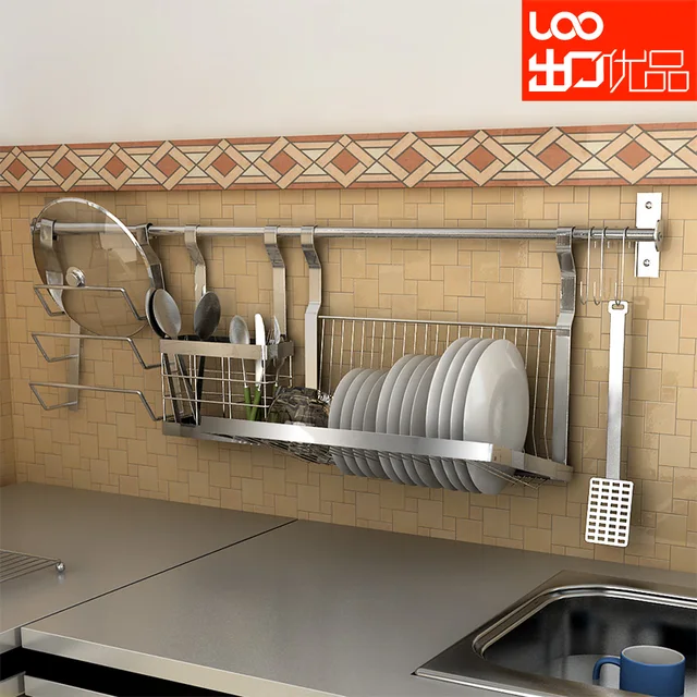 Wall Mounted Stainless Steel Shelf Dishes Rack Seasoning Wall Mounted Stainless Steel Shelf Dishes Rack Seasoning Chopsticks Pot Combination