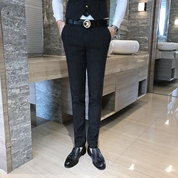 

2019 Classic Black Stripe Trousers Men Business Wedding Banquet Dress Mens Suit Pants Size S-4XL Slim Fit Male Leisure Pant
