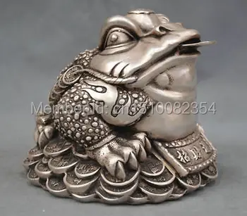 

7'' China Silver Bronze toad bite copper cash Lucky luck Bronze Statue