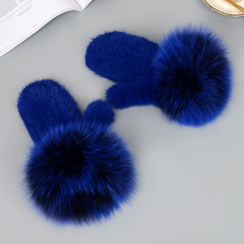 Зимние норковые меховые перчатки для женщин, Высокие перчатки из натурального меха, новые женские модные кожаные перчатки, Вязаные норковые меховые перчатки высокого качества#6 - Цвет: Royal blue
