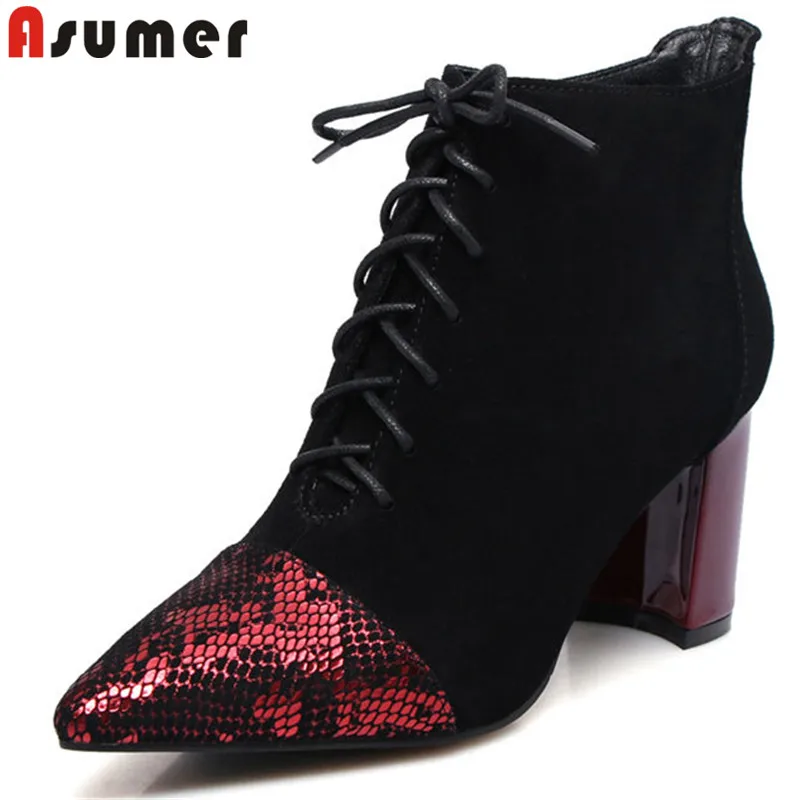 

ASUMER black 2018 new ankle boots women pointed toe zip cross tied suede leather boots bling thick high heels boots women