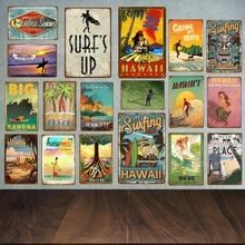 Hawaii Poster Surf's Up Welcome To The Beach Metal Tin Signs Vintage Art Wall Decoration Cafe Bar Outdoor Decor Ocean Plaque