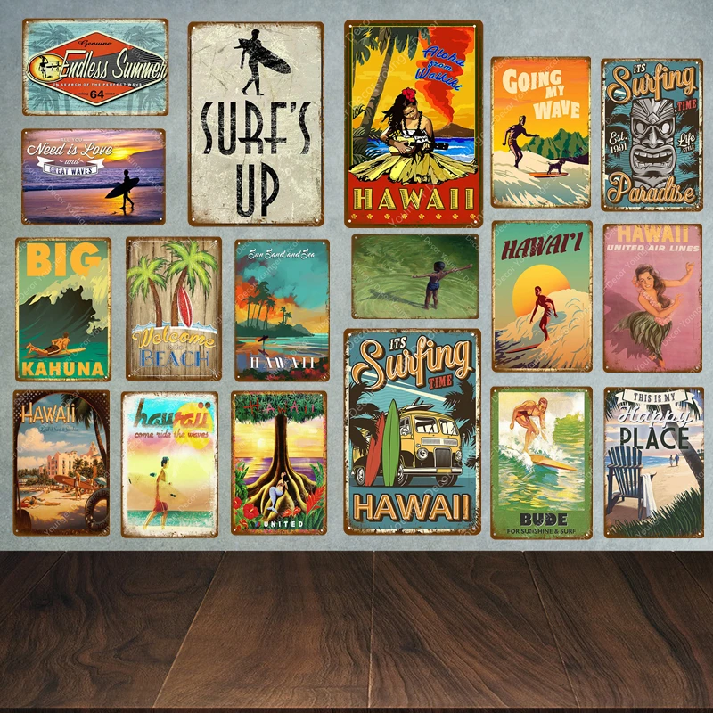 

Hawaii Poster Surf's Up Welcome To The Beach Metal Tin Signs Vintage Art Wall Decoration Cafe Bar Outdoor Decor Ocean Plaque