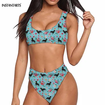 

INSTANTARTS Black Rottweiler Flower Pattern Woman Sexy Summer Bikini Set High Waisted Push Up Swimsuit Female Beach Bathing Suit