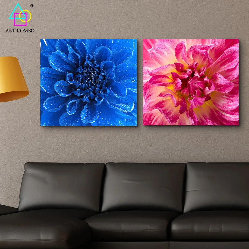 Modern Canvas Painting Blue and Pink Blooming Flower Wall Art Picture