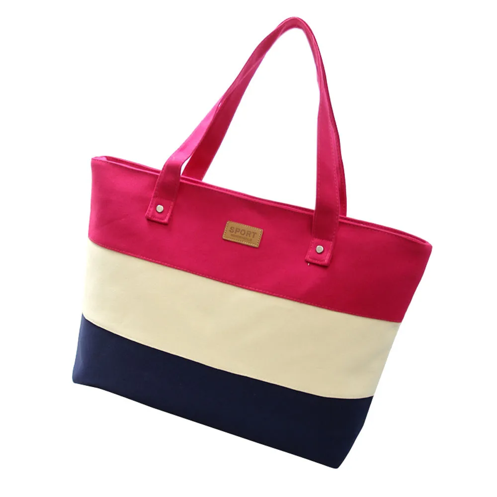 Брендовые женские Высокое качество Для женщин холст тотализатор мешок 3 цвета полосы сумка сумочка-мессенджер для шопинга сумка мешок Bandouli Re Femm@ py - Цвет: Hot Pink