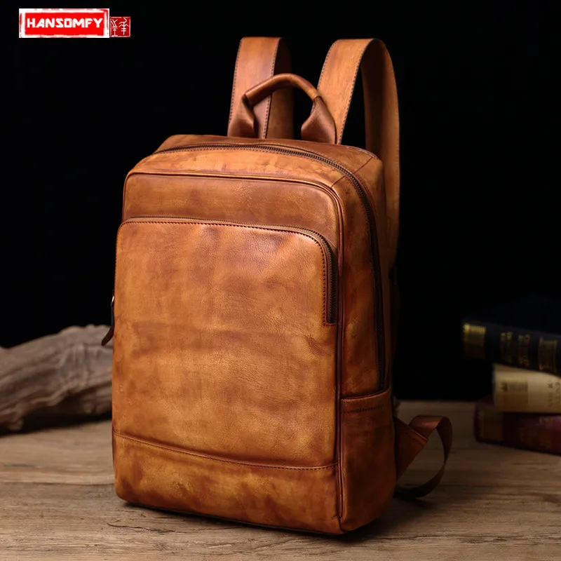 HANSOMFY мужской рюкзак из натуральной кожи, Повседневная Ретро сумка для ноутбука 14 дюймов, Корейская версия мужской сумки на плечо, большие дорожные рюкзаки