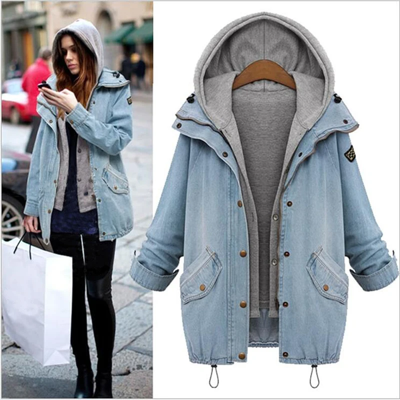 

2019 Hooded Drawstring Boyfriend Trends Jean Swish Pockets Two Piece Coat Blue Long Sleeve Single Breasted Denim Jacket M-6XL 27